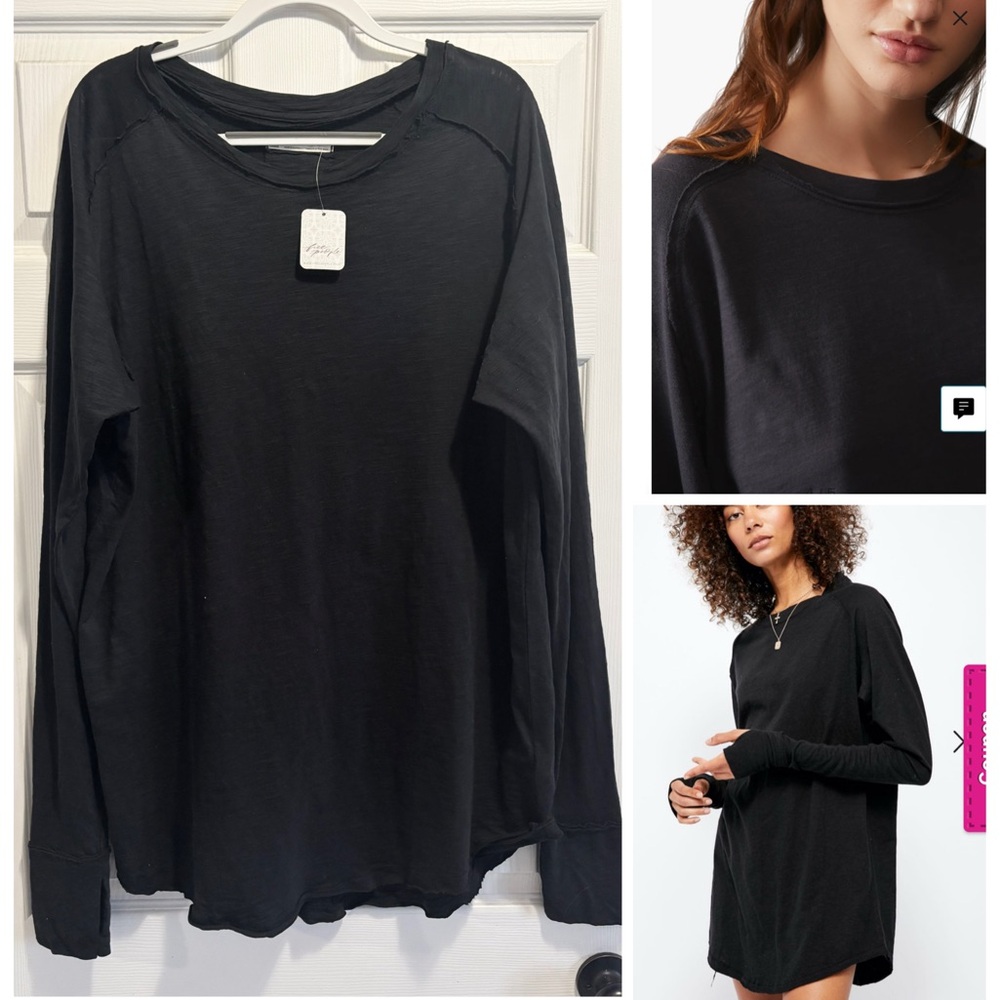 Free People Black Raw-Edge Long Sleeve Crew Tee